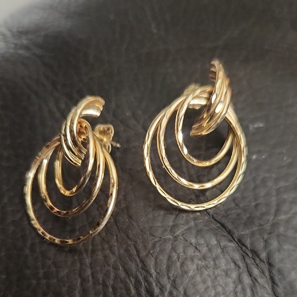 14k gold Jewelry - Vintage 14K Yellow Gold Triple Tube Textured Hoop Earrings, Simple Unique Classy